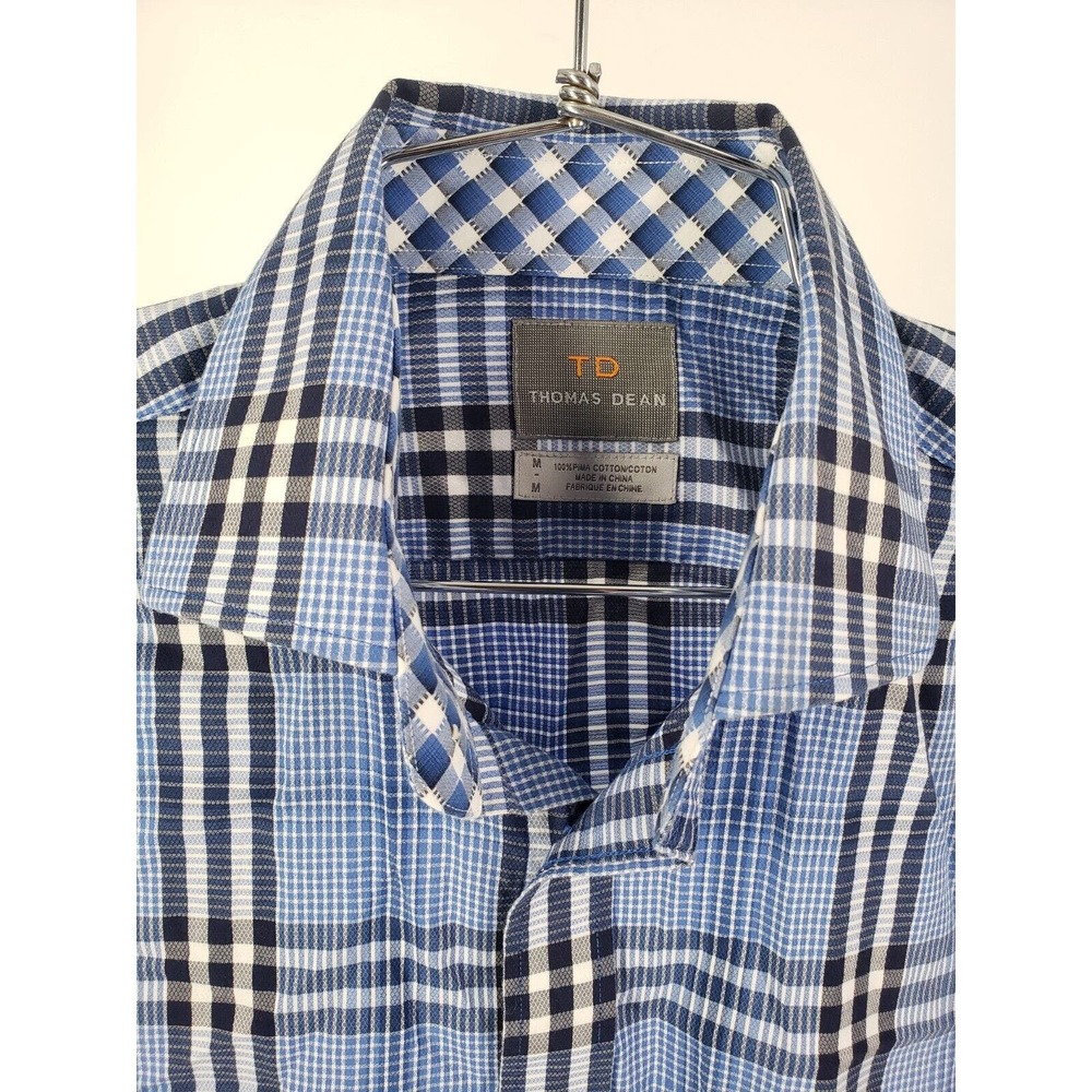 Thomas Dean Sleek Mens Blue Check Plaid Designer‎ Button Front Shirt Size Medium
